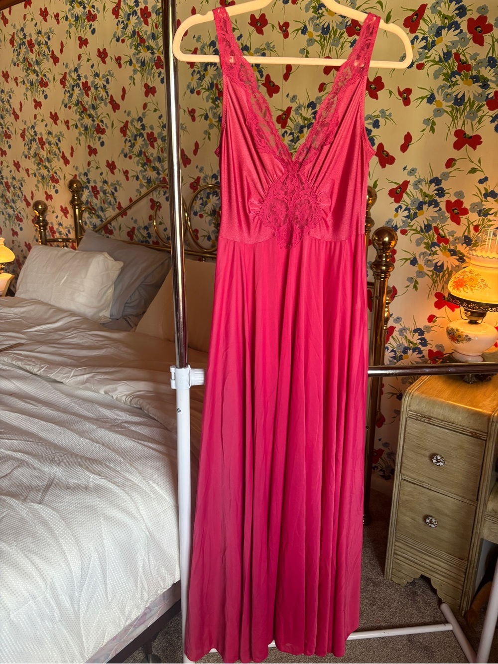 vintage olga hot pink lace maxi nightgown large fairycore lingerie dress euc